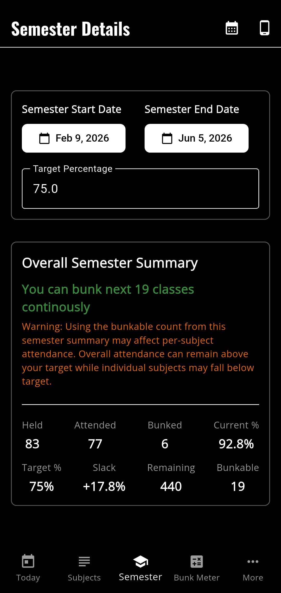 Semester Settings Setup Screen