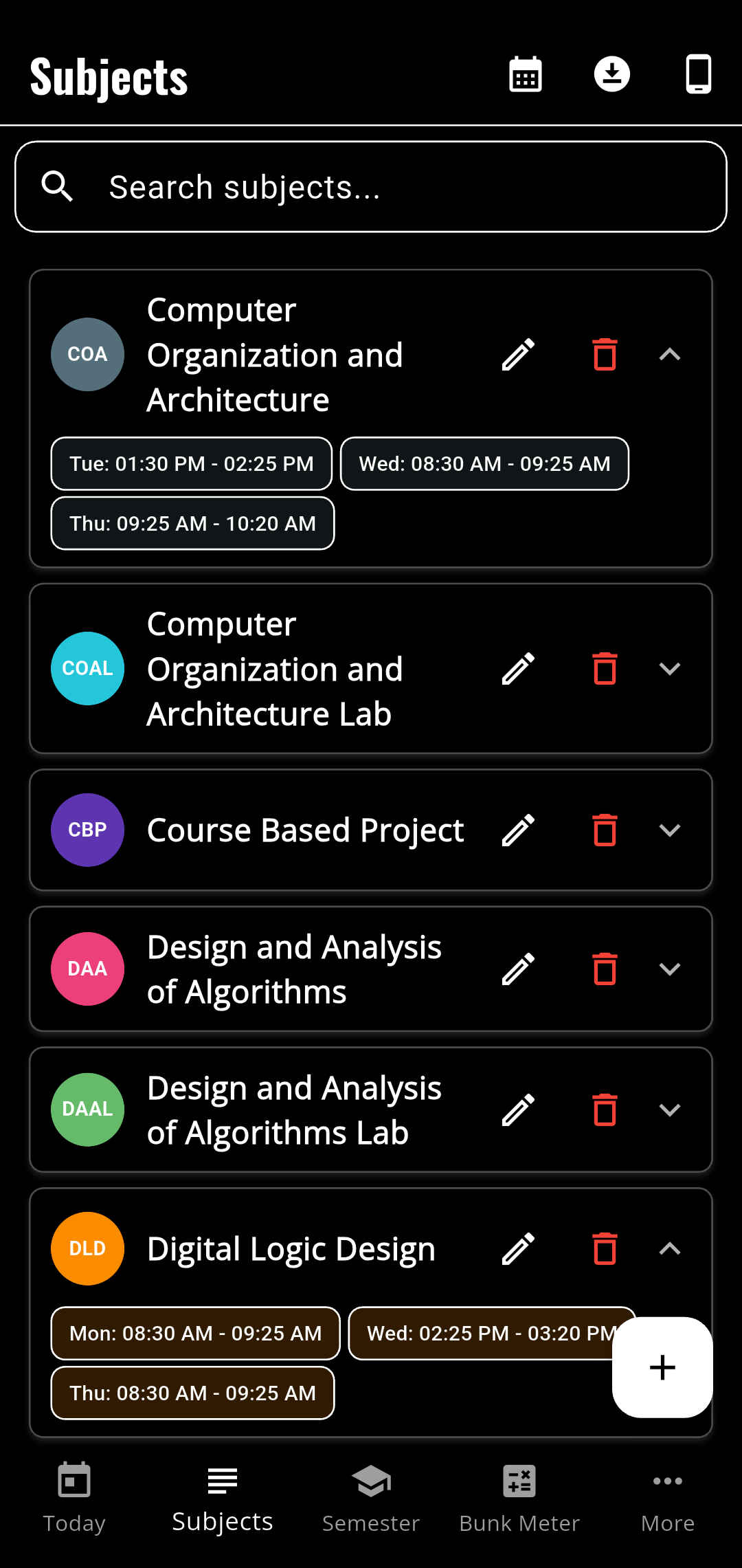 Subjects Management Screen